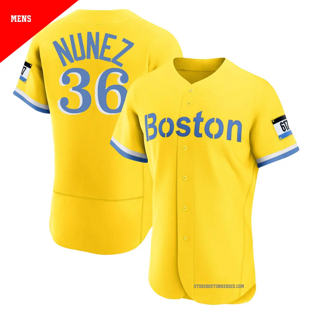 Men's ＃36 Eduardo Nunez Boston Red Sox Light Blue Authentic Gold/ 2021 City Connect Jersey