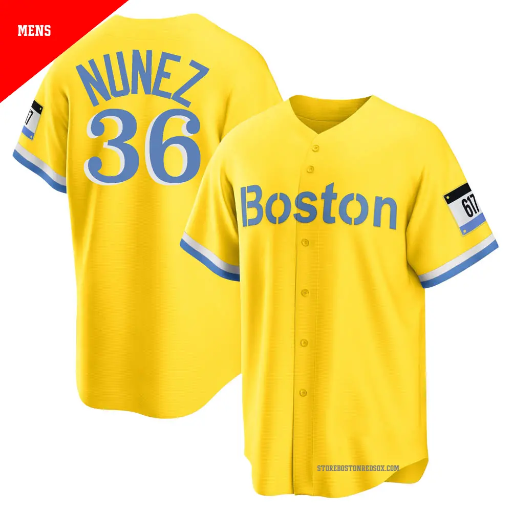 Men's ＃36 Eduardo Nunez Boston Red Sox Light Blue Replica Gold/ 2021 City Connect Player Jersey