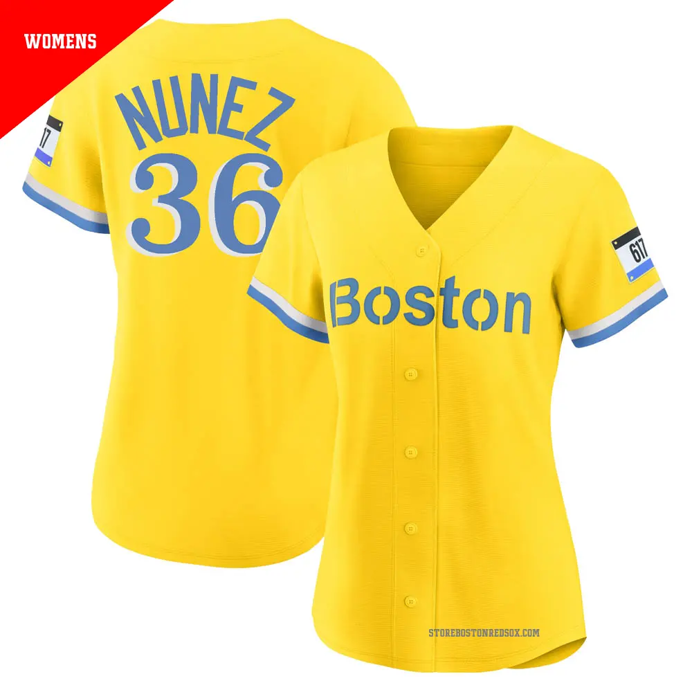 Women's ＃36 Eduardo Nunez Boston Red Sox Light Blue Authentic Gold/ 2021 City Connect Player Jersey